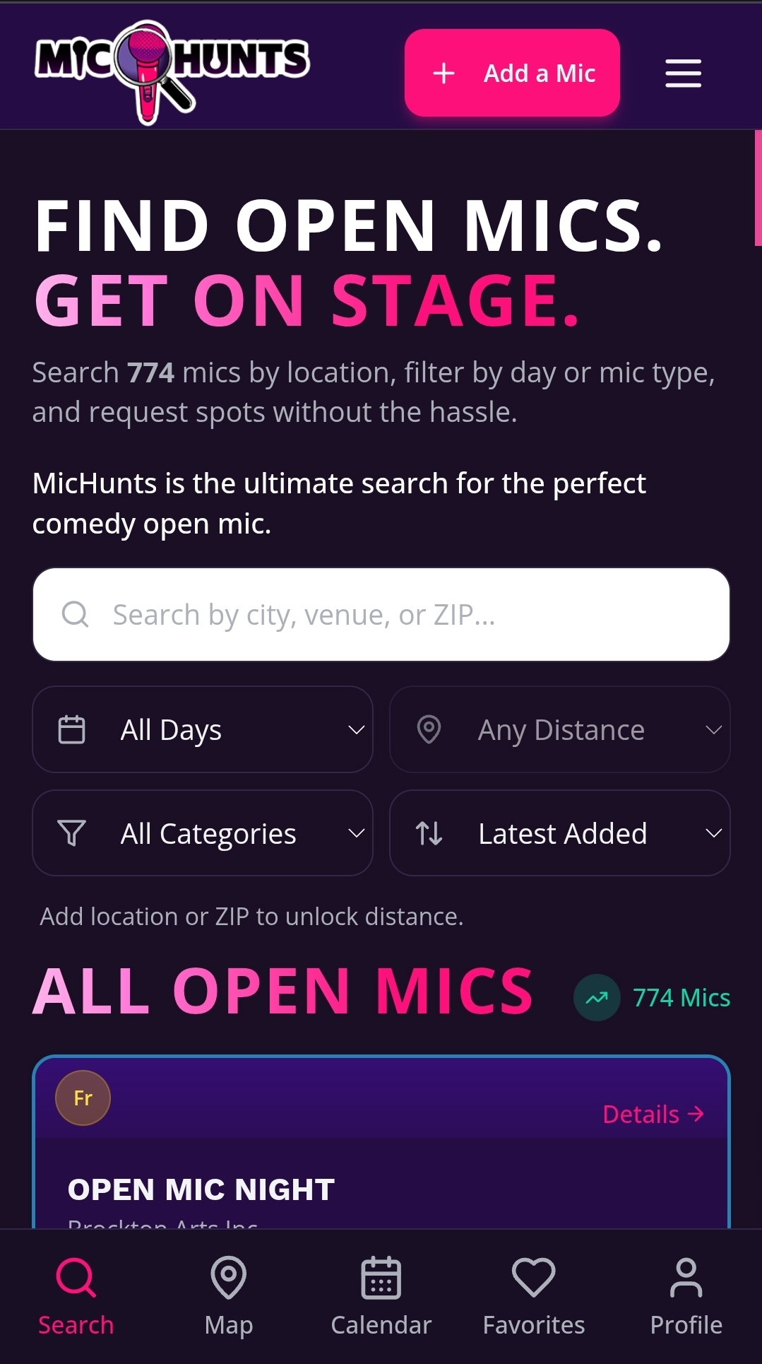 Searching open mics by city and day