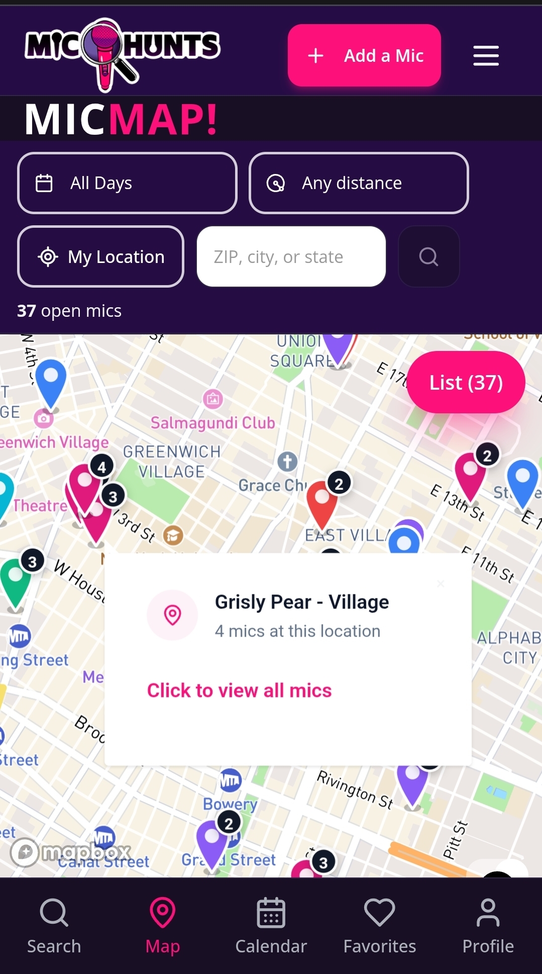 Open mic pins in a single city
