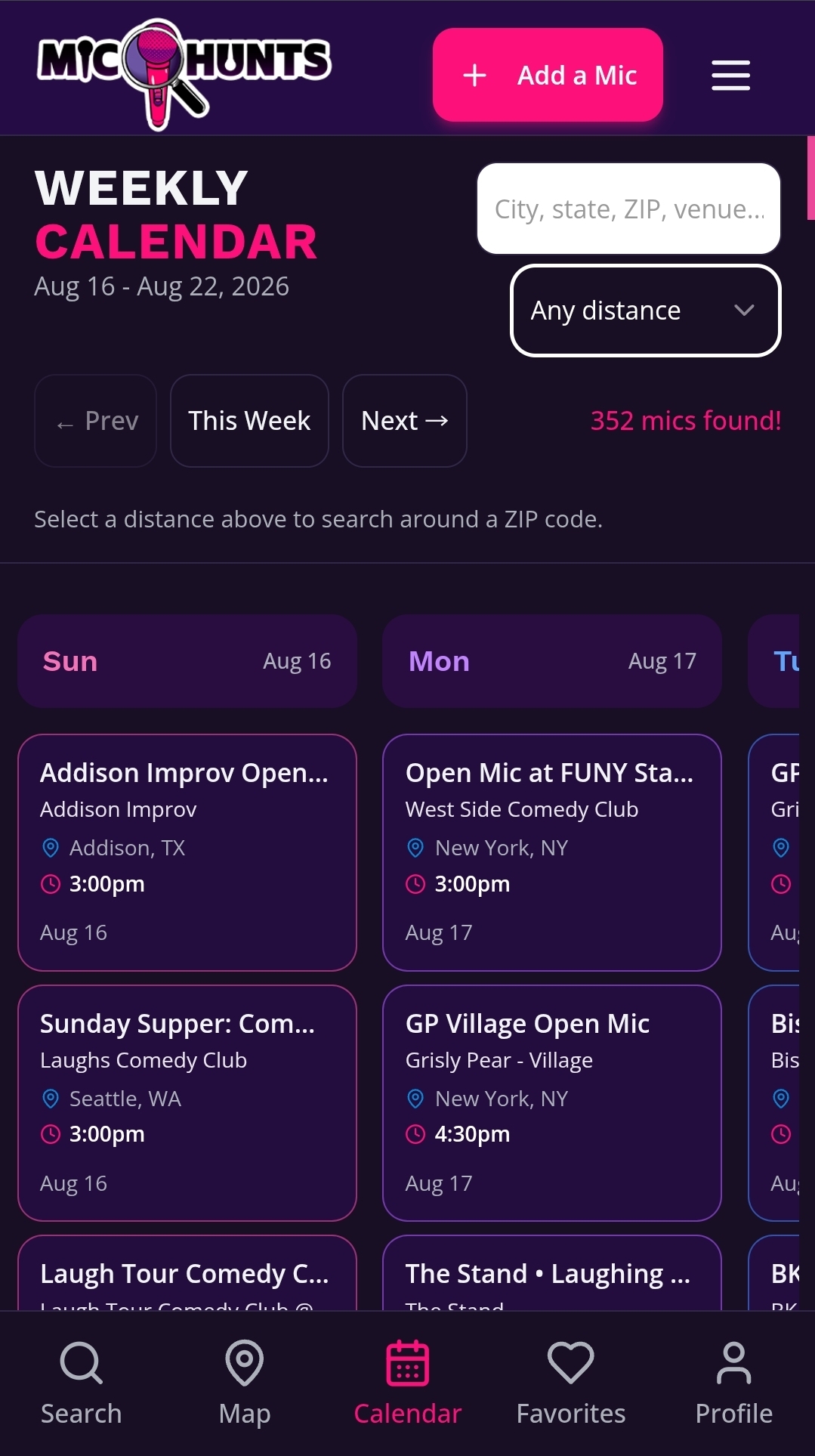 Open mics laid out on a weekly calendar