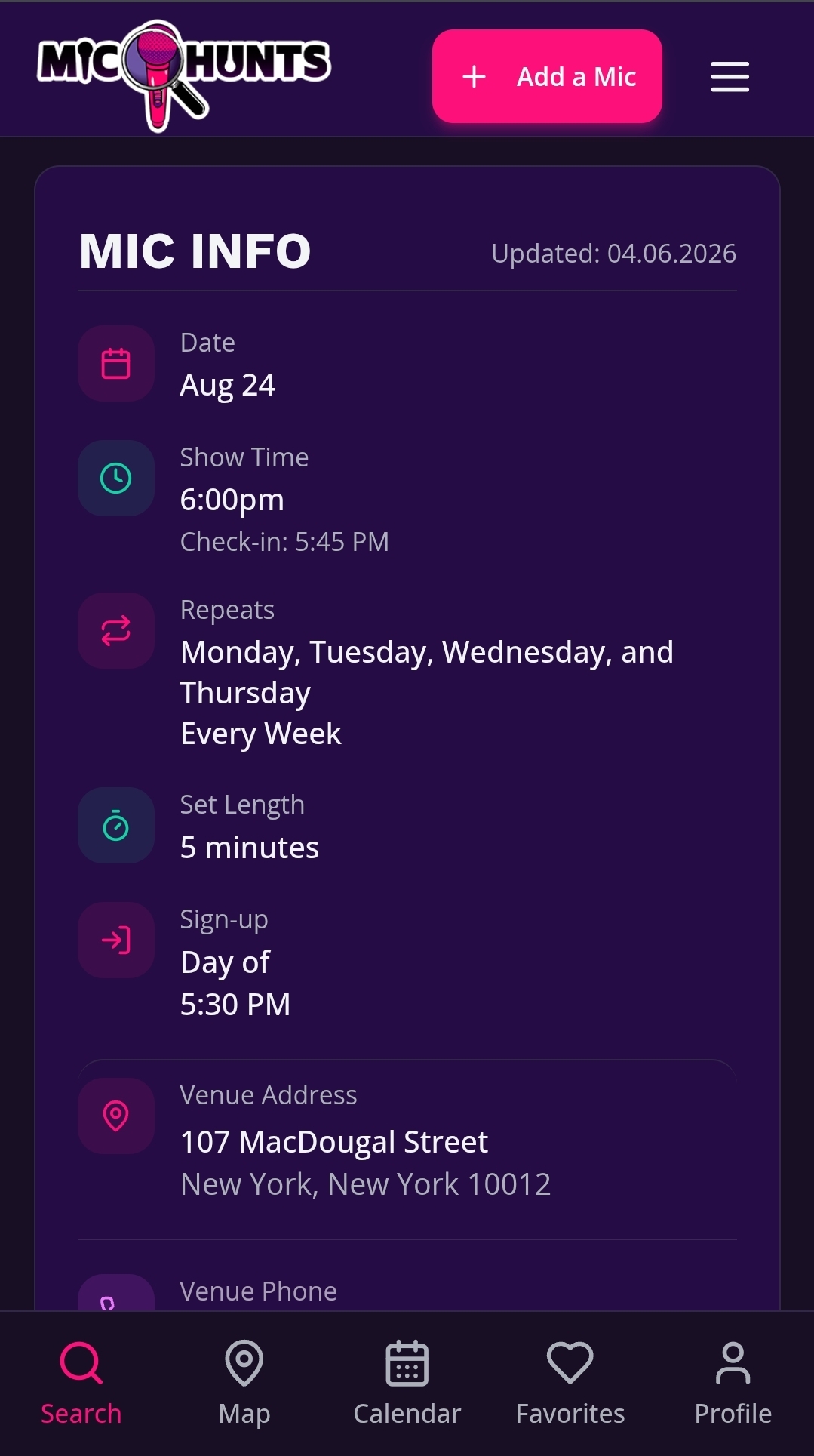 Details for a single open mic